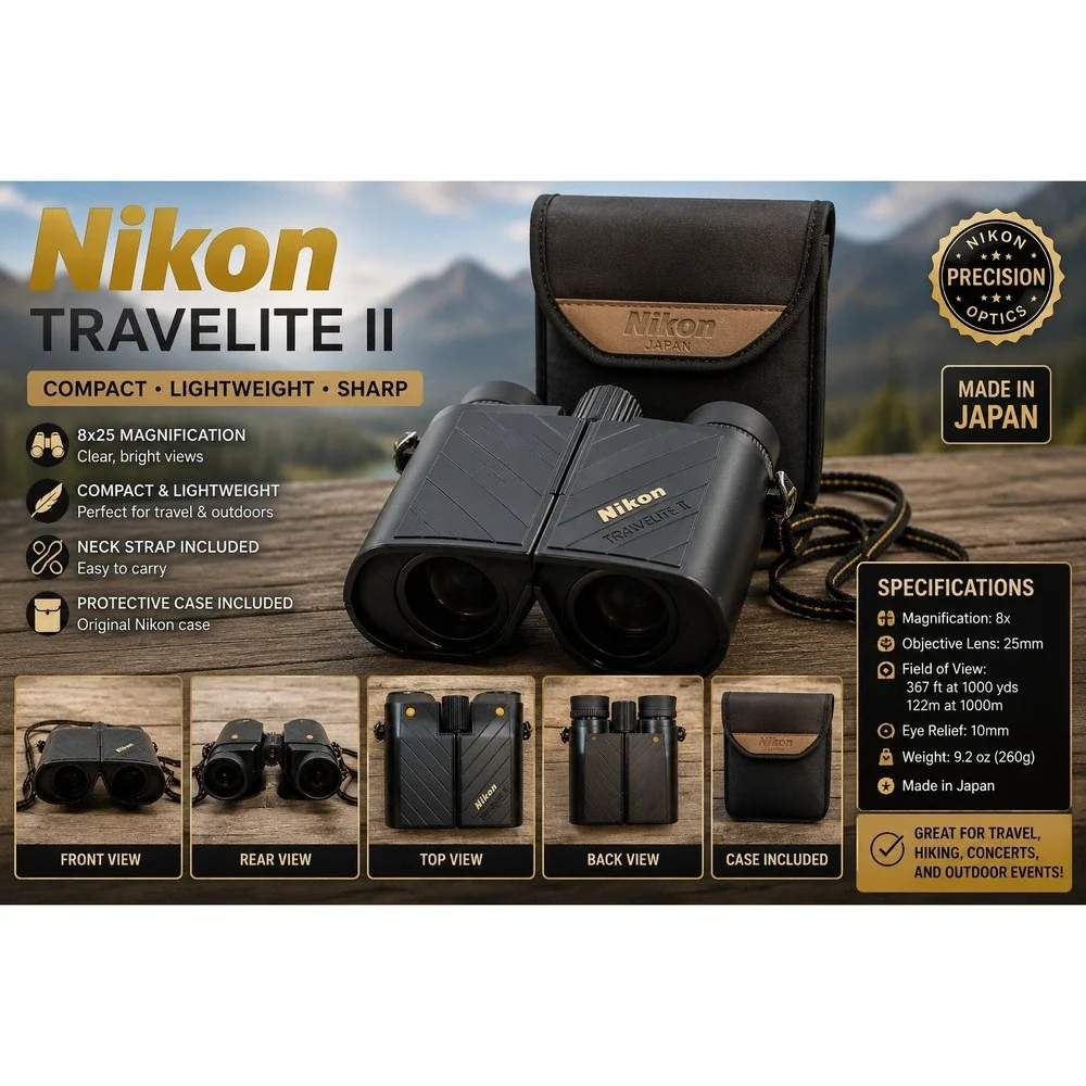 Nikon Travelite II Binoculars Black Compact Vintage with Nikon Japan Case